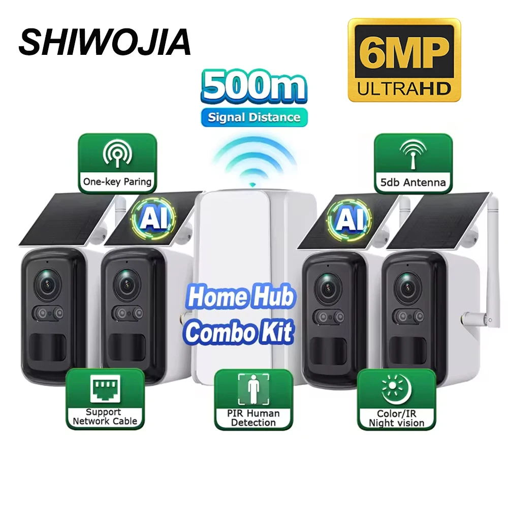 SHIWOJIA 6MP Home Hub Combe Kits WiFi مكرر تعمل بالطاقة الشمسية مجموعة الكاميرا مع بطارية 8000mah للرؤية الليلية كاميرا متحركة PIR مراقب
