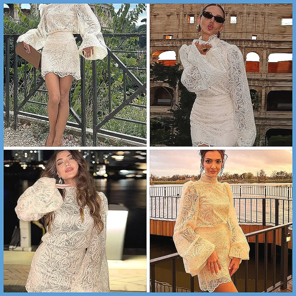 

2025 New Women's Elegant Hollow Out Lace Two-Piece Set, High Neck Long Sleeve Club Vacation Outfit