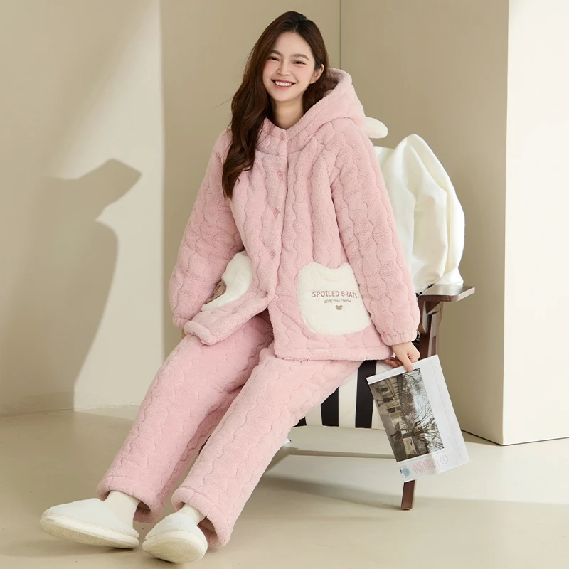 High Quality Winter Women Pajamas Set 3 Layer Clip Cotton Pijama Female Thick Warm Cute Cartoon Hooded Sleepwear