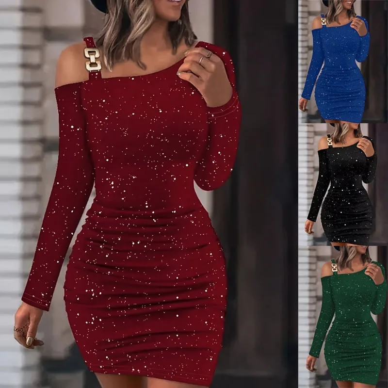 

Solid Color Zipper Glitter Slim Fit Dress - Exquisite Zipper Design At The Shoulders - Outlining A Dynamic and Charming Figure