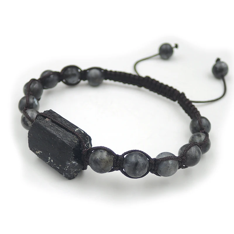 Black Tourmaline Point Spectrolite Round Beaded Bracelet Hand-knitting Centipede Knot 6-8 Inches