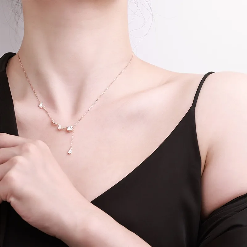 

S925 Sterling Silver Butterfly Tassels Necklace For Women Adjustable 1ct Pink Moissanite Diamond Collarbone Chain Fine Jewelry