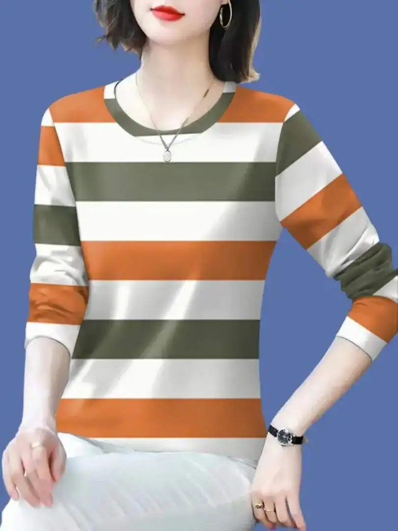 Anti-Aging Belly Concealing round Neck Long Sleeve T-Shirt Women's Fashionable Striped Base Shirt Inner And Outer Wear Thin