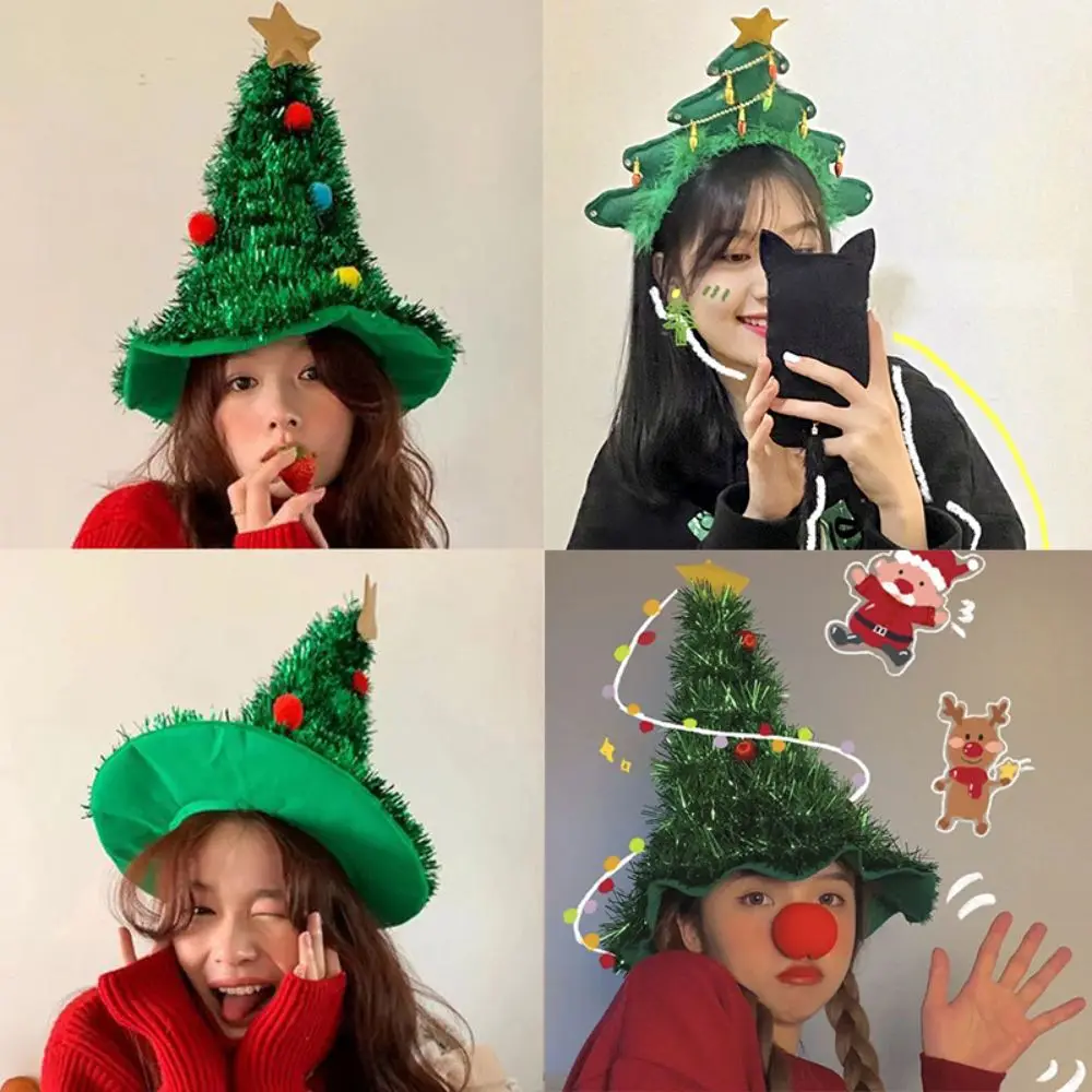 Creative 2025 Ins Christmas Tree Hat Fabric Rain Silk with Star Girls Xmas Headwear Gift Cap Decoration Christmas Party