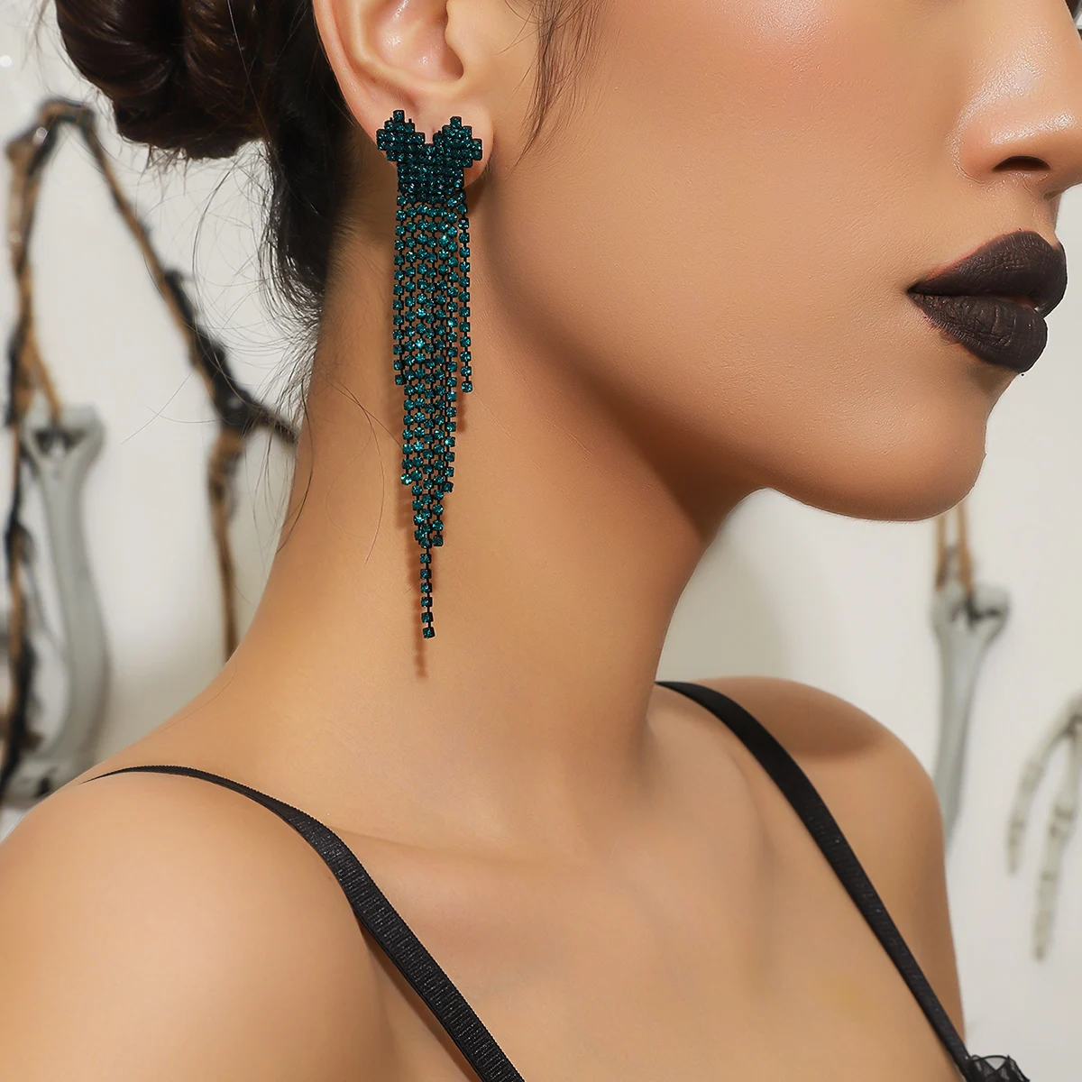 Heart Design Long Tassel Earrings  Goth Style Rhinestone Drop Earrings for Women Fashion Party Prom Jewelry