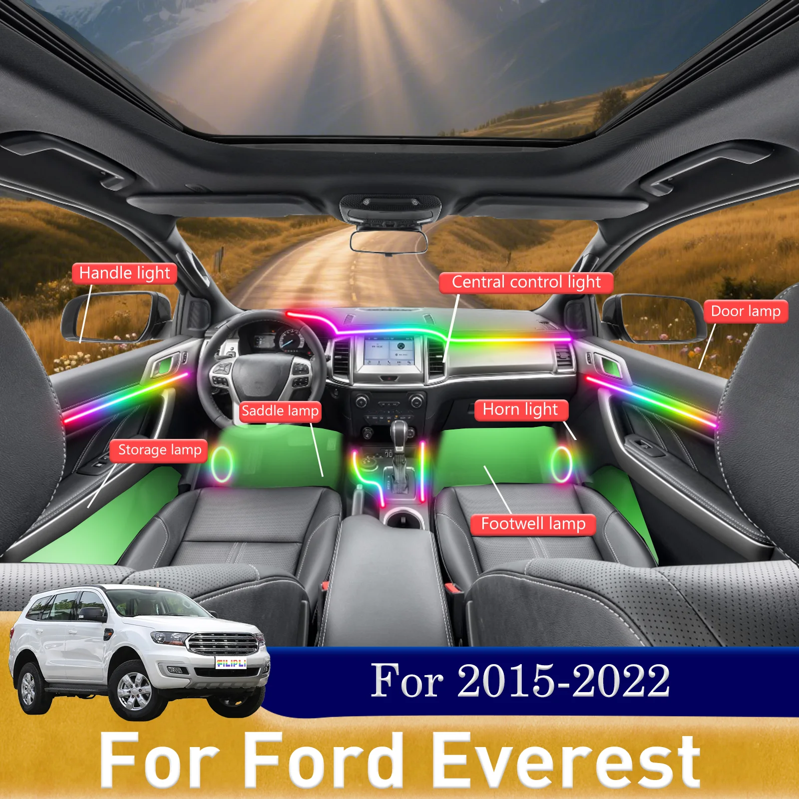 

Для Ford Everest автомобильный салон окружающего освещения RGB 64-цветный светодиодный комплект для установки Easy-Snap