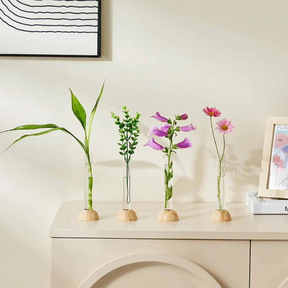 Transparent Hydroponic Vase with Bamboo Base Waterproof Tabletop Plants Flower Pot Space-Saving Modern Household Bonsai Decorate