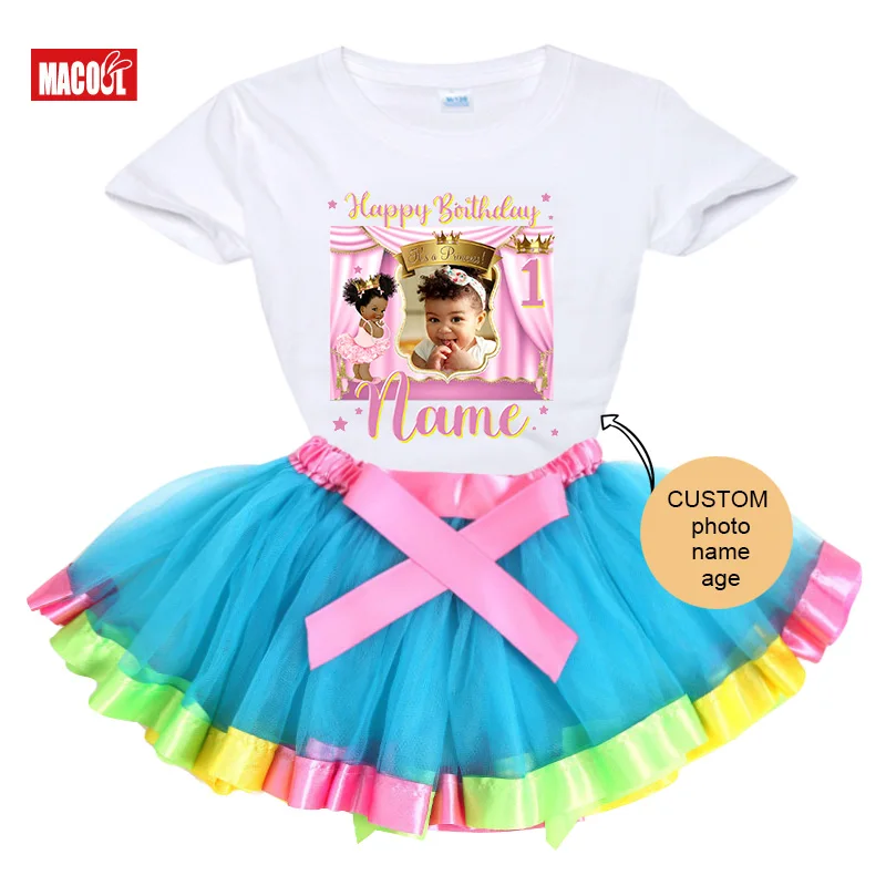 Girls1st Birthday Outfits Set Custom Photo Name Girl First Birthday Party Shirts Kids Dress Set Party Skirt T-shirt Child Suits