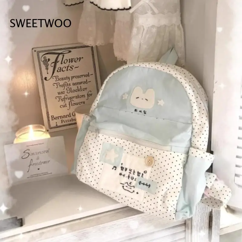 Women Cartoon Rabbit Backpack Polka Dot Splicing Color Block Star Applique Button Detail Multiple Storage Pockets Bookbag