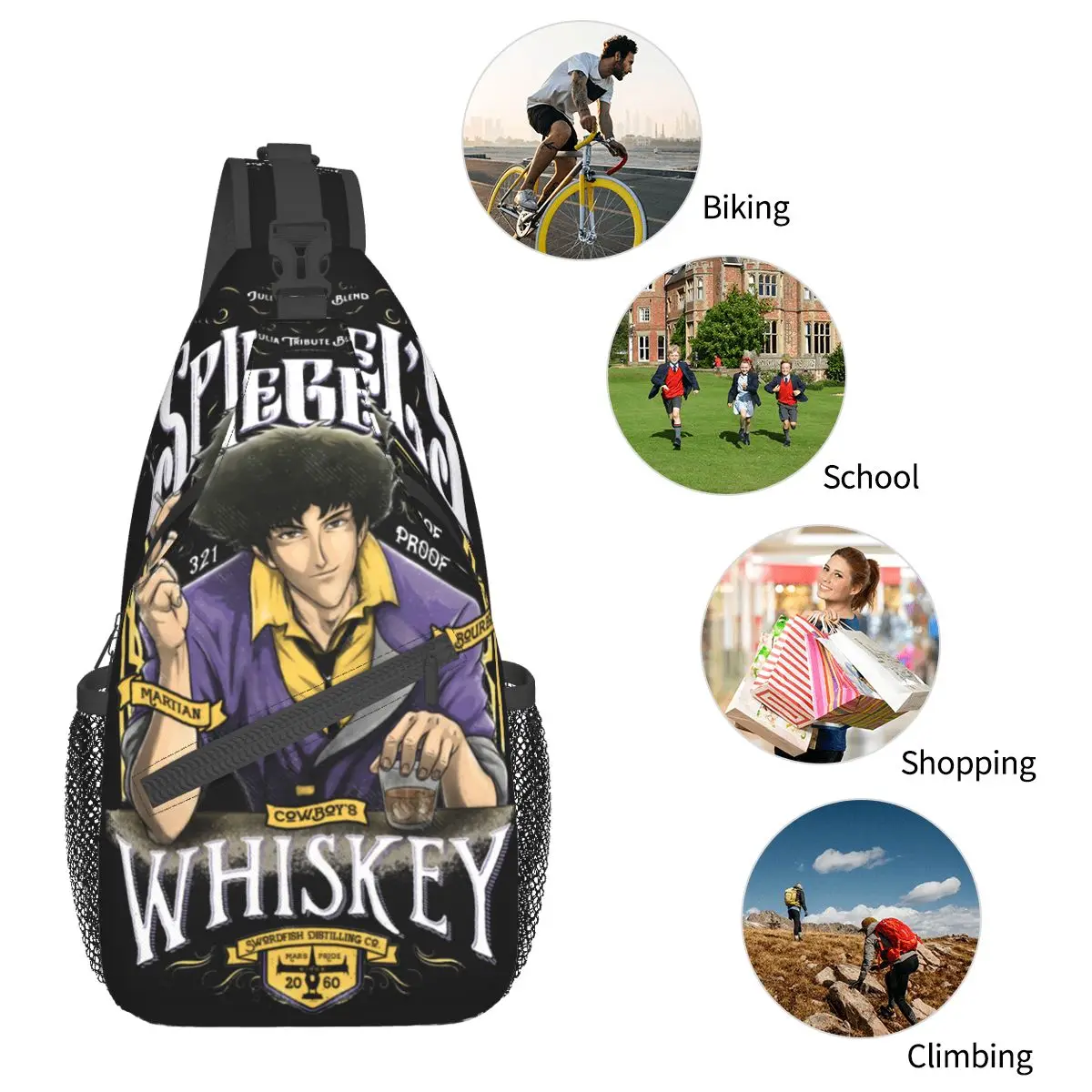 Spiegel's Cowboy Bebop Whiskey Crossbody Sling Bag, bolso de pecho pequeño, mochila de hombro de Anime, mochila de día, viaje, senderismo, Camping, Satchel