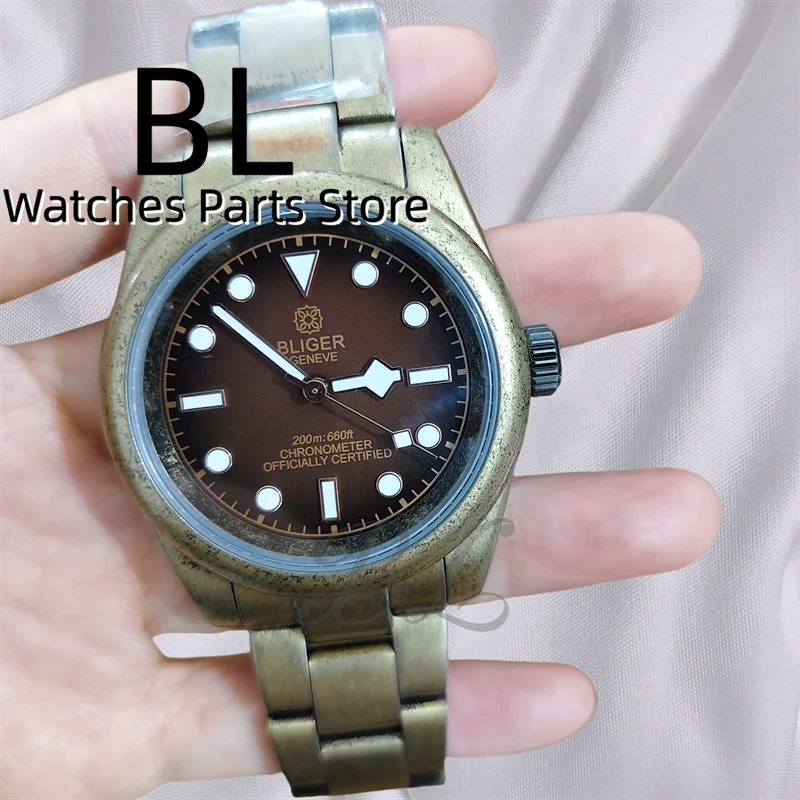 

BLIGER 39mm Vintage Men's Watch NH35 Automatic Bronze Round Bezel Sapphire Glass Brown Dial Snowflake Hands Luminous Screw Crown