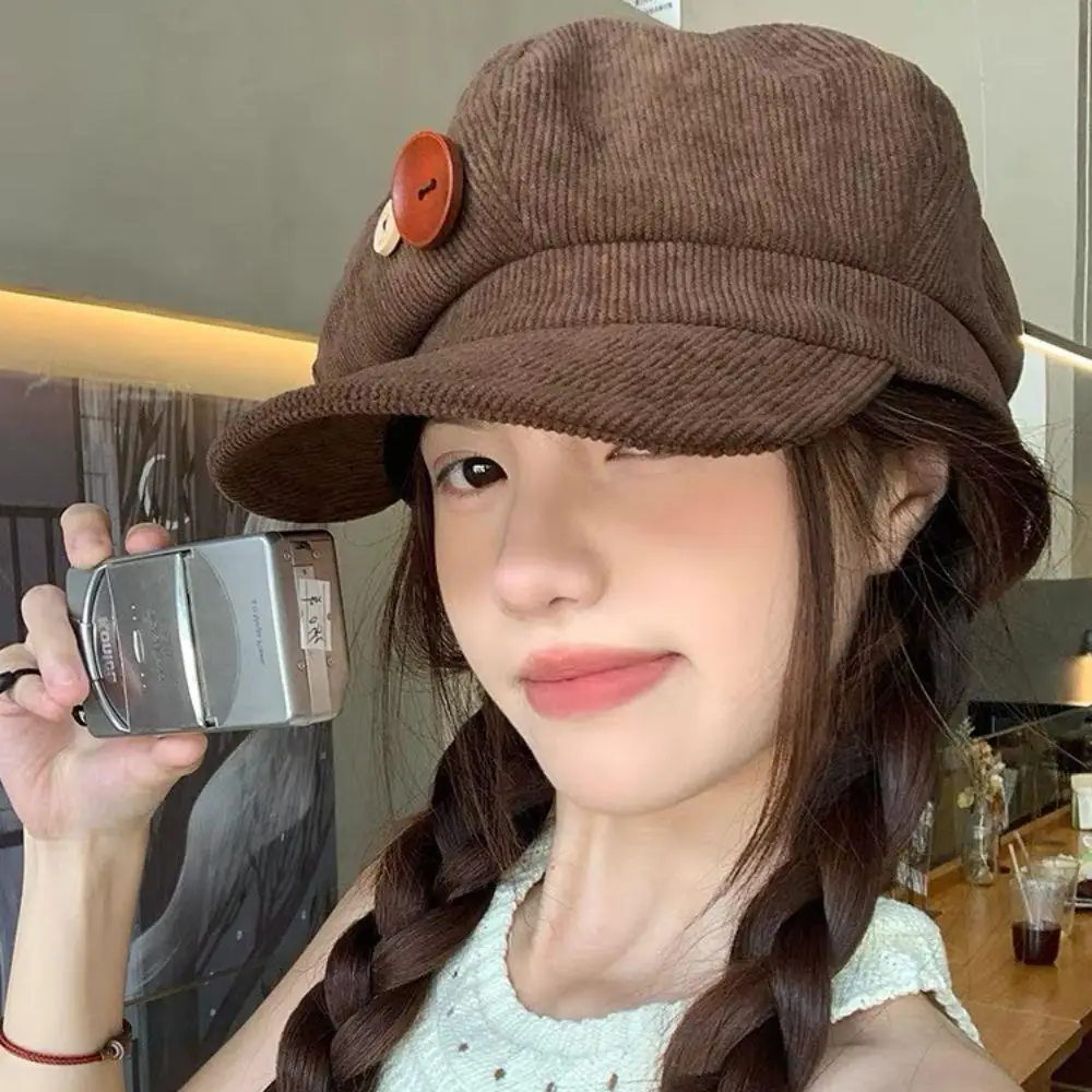 

Винтажная коричневая полосатая фуражка, уличная шляпа художника, модная вельветовая восьмиугольная кепка с двойной пуговицей, корейская женская шляпа газетчика