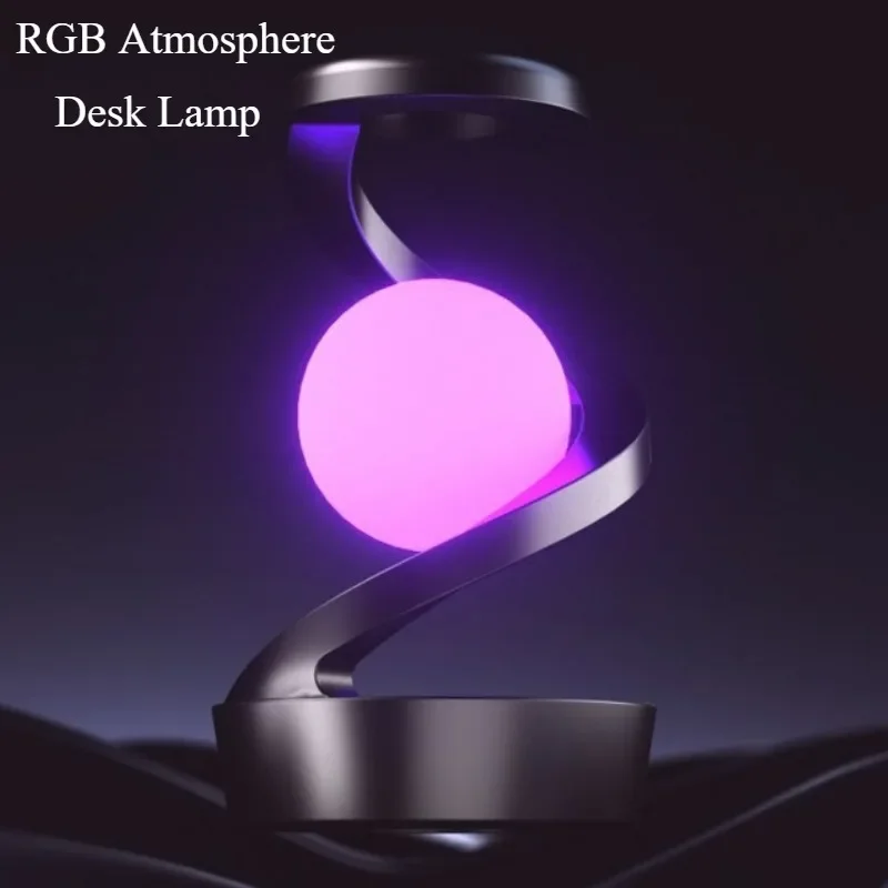 LED Moon Mood Light Suspended Rotating RGB Atmosphere Desk Lamp with Wireless Mobile Charging Bedroom Game Room Decorative Light