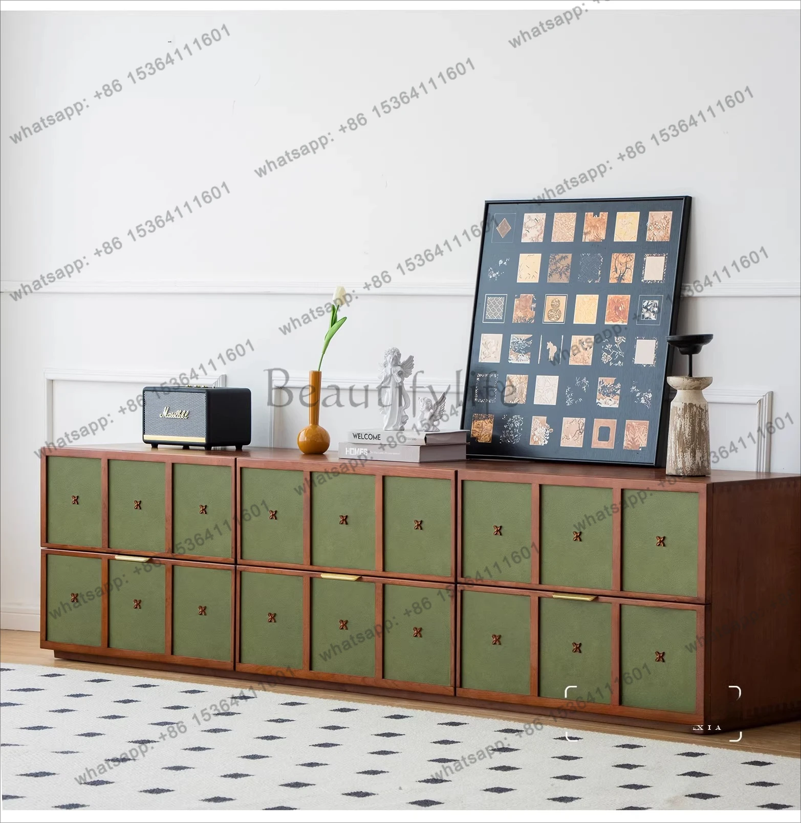 Cherry wood retro gilt TV cabinet floor-to-ceiling large-capacity storage drawer cabinet