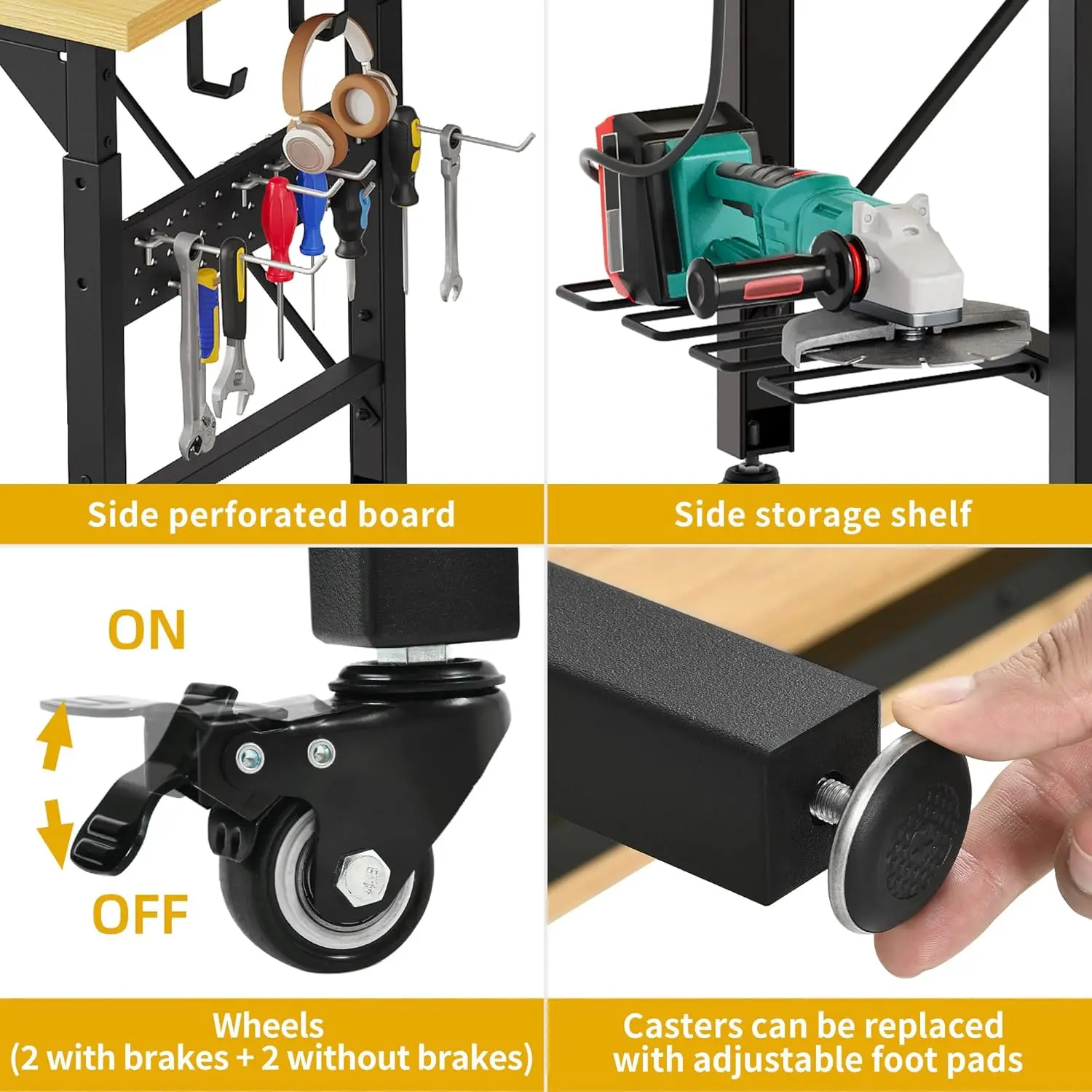 60" Adjustable Workbench with Pegboard, Heavy Duty Wood Top Work Bench with Wheels, 1600 LBS Load Capacity, Rolling Work Table