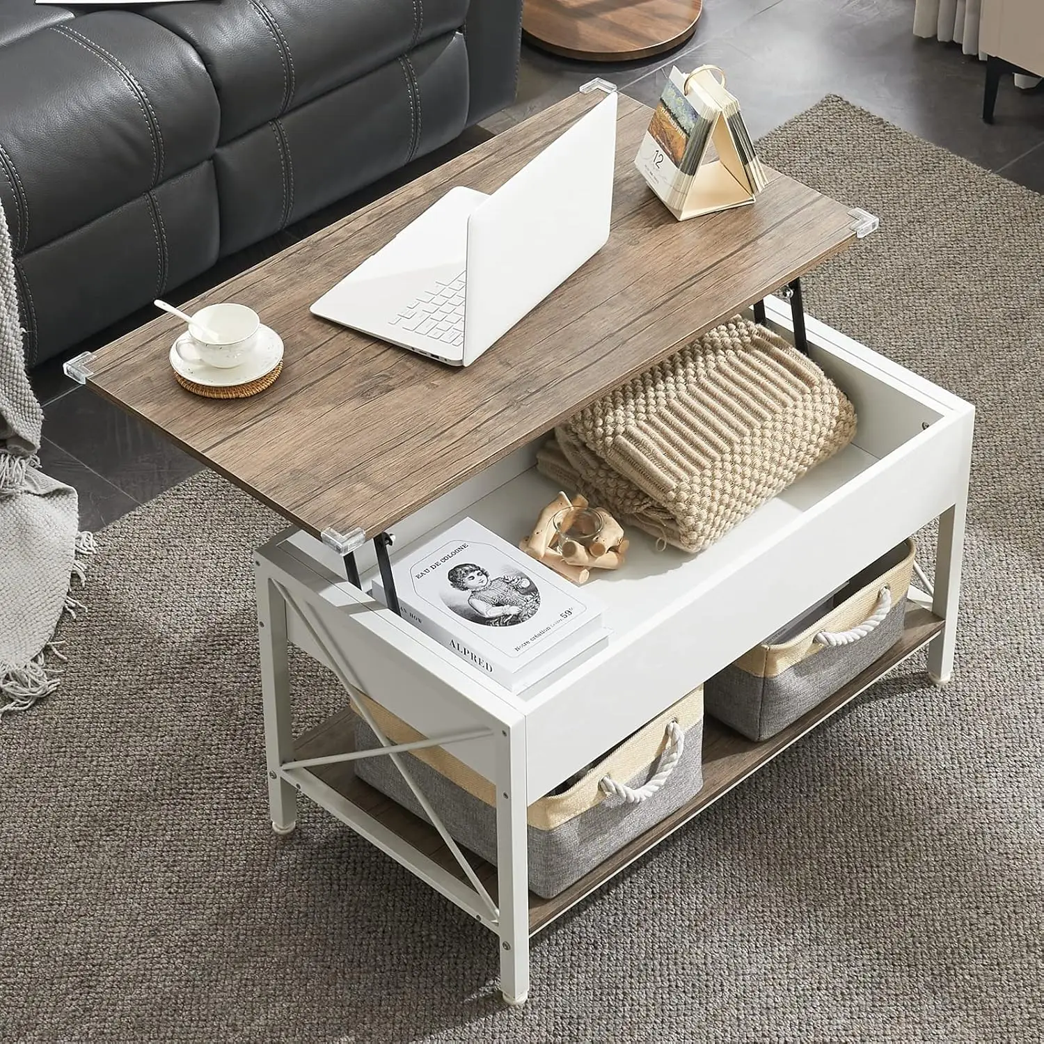 Lift Top Coffee Table with Free Cloth Storage Bins, White Walnut Framhouse Coffee Table for Living Room, Small Modern Coffee