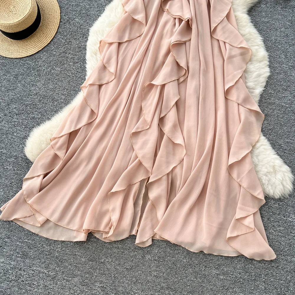 Women Ruffles Dresses A Line Solid Dress 3D Flower Strapless Ankle Lenth Waist Cutout Slim Fit Party Sexy Elegant 2025 Summer