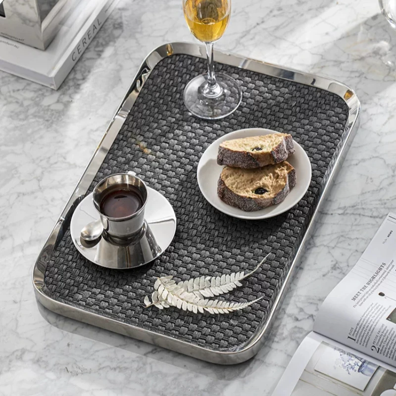 Simple Storage Trays Modern Luxury Leather Storage Trays Rounded Corners Stainless Steel Tray Kitchen Cutlery Art Accessory