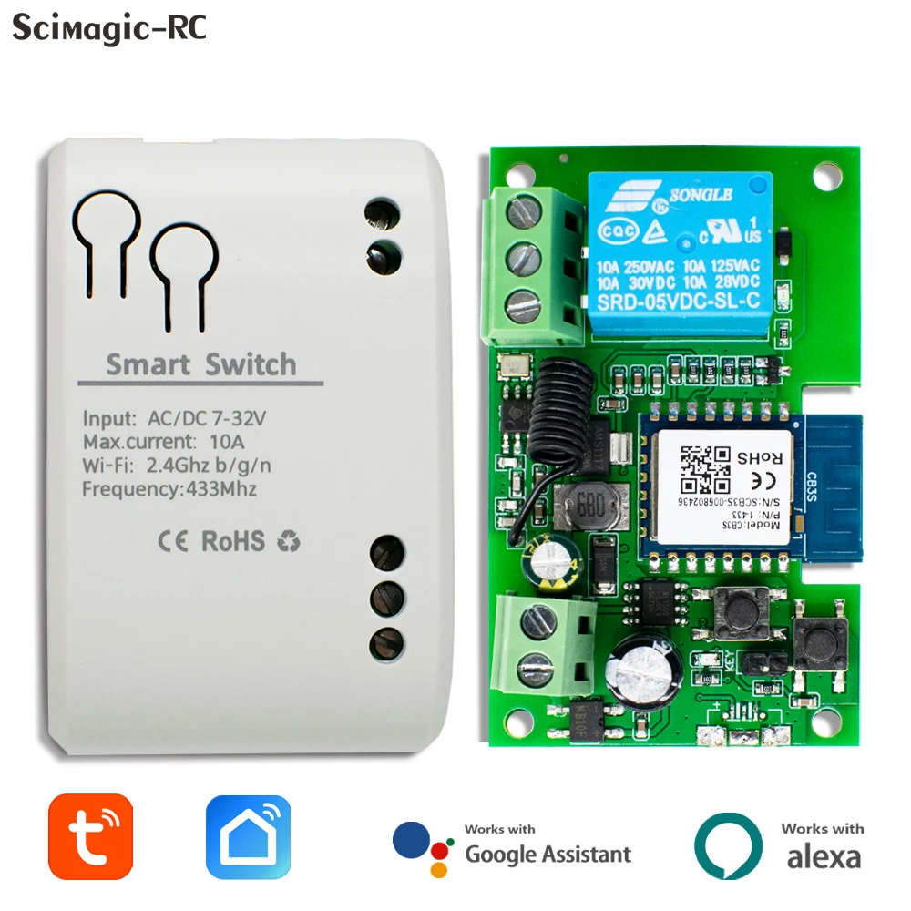 1 way TUYA Smart Home Wifi Switch Module 7-32V AC85V-250V RF433 Radio Remote Control Relay Inching Self-locking Receive