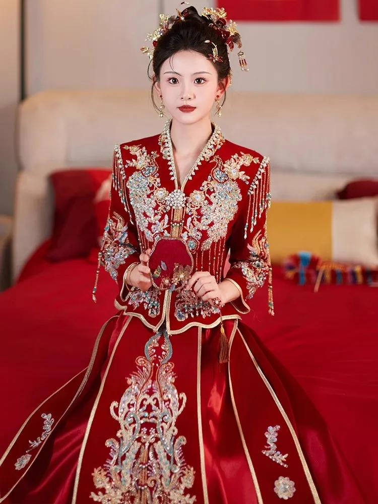 

New velvet dress for brides Chinese-style wedding women large-sized