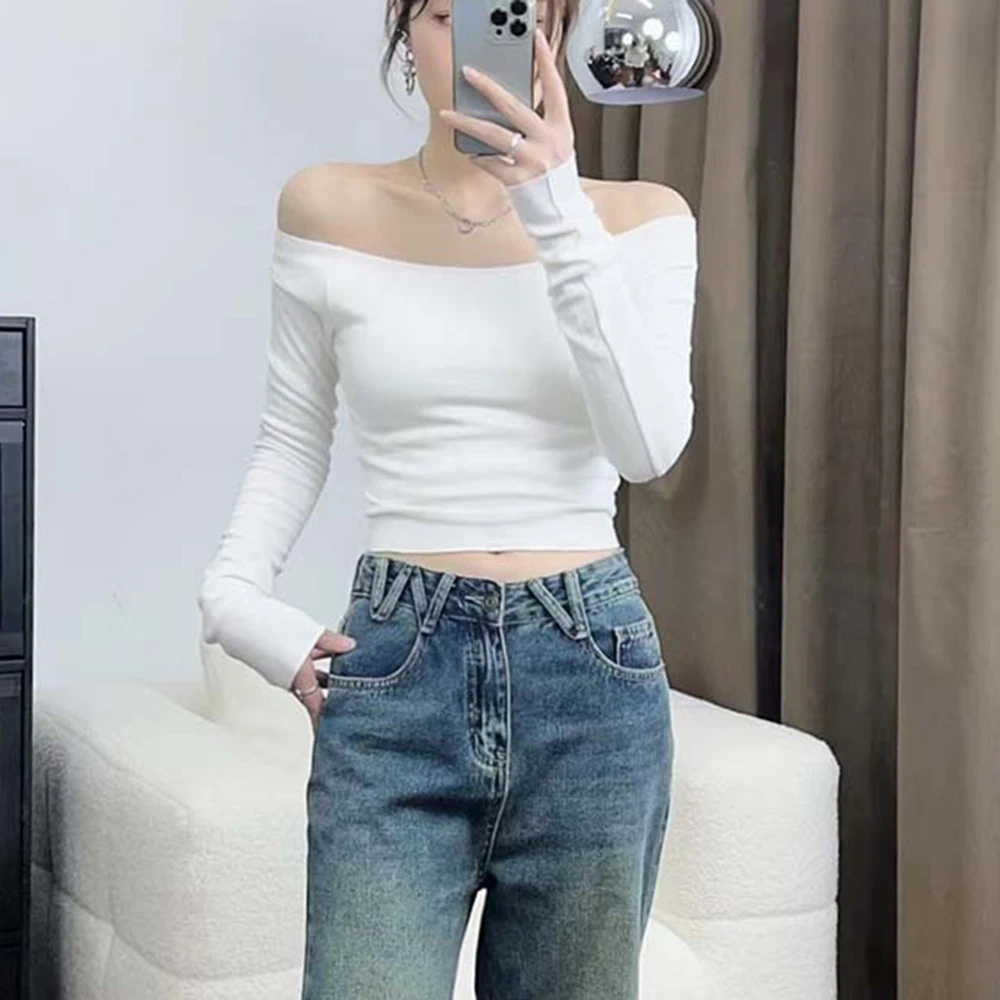 Sexy Women Long Sleeve T-shirt Slimming Base Off Shoulder Top Elastic Skinny boat neck T-shirt Pullover Autumn Women's Top