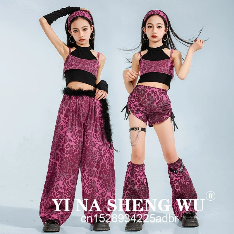 K-pop 걸스 레오파드 크롭 탑 스트리트 댄스 카고 바지 키즈 재즈 힙합 반바지 의류 세트 아동 streetwear 우아한 의상