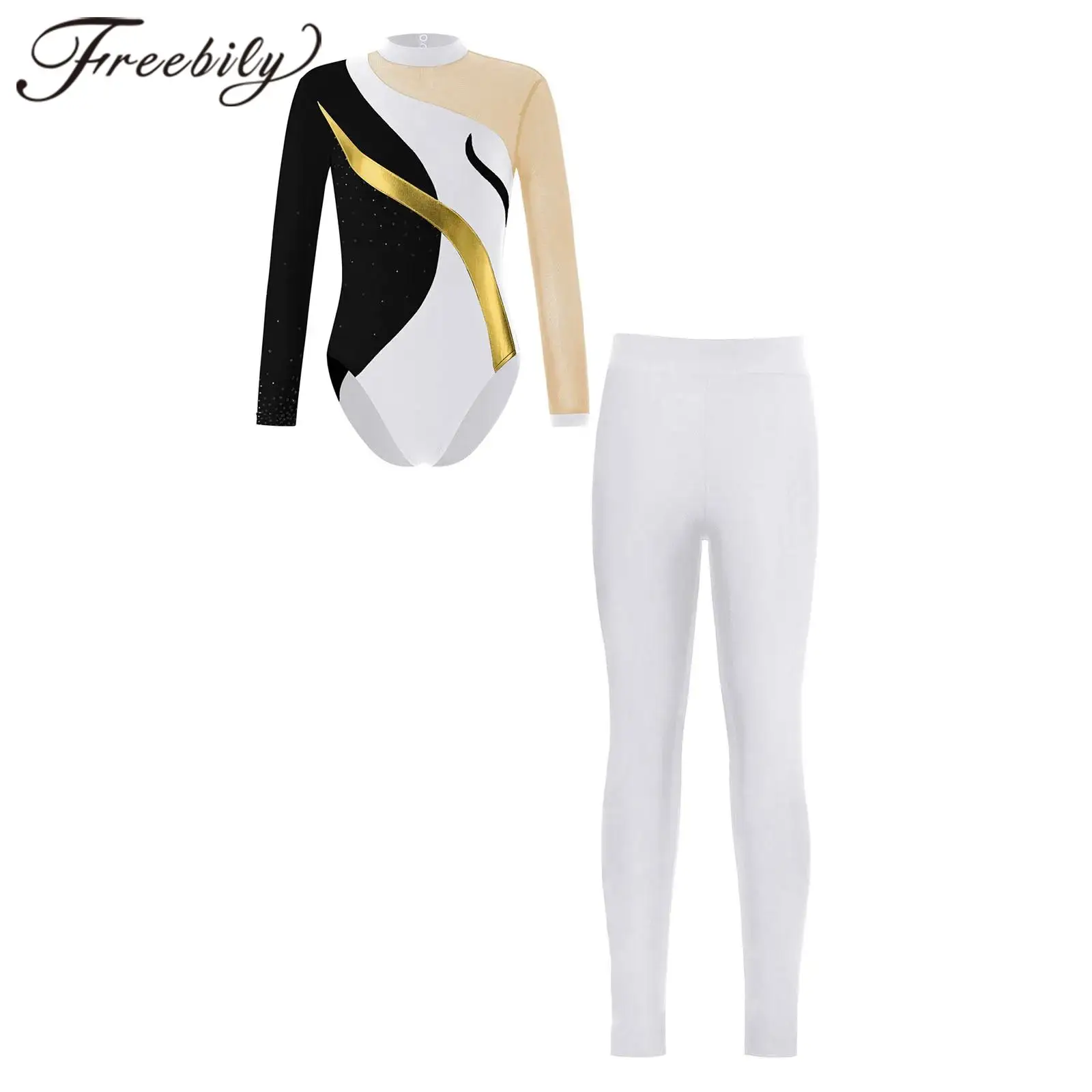 

Children's Long Sleeve Gymnastics Jumpsuit For Girls Dancewear Sets Teens Skating Bodysuit Kids Rhinestone Ballet Dance Leotards