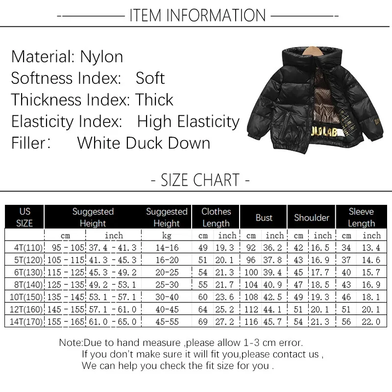 Jacket for Boy Black Warm Hooded White Duck Down Winter Children\'s Coat Girls Windbreaker Parkas Kids Overcoat