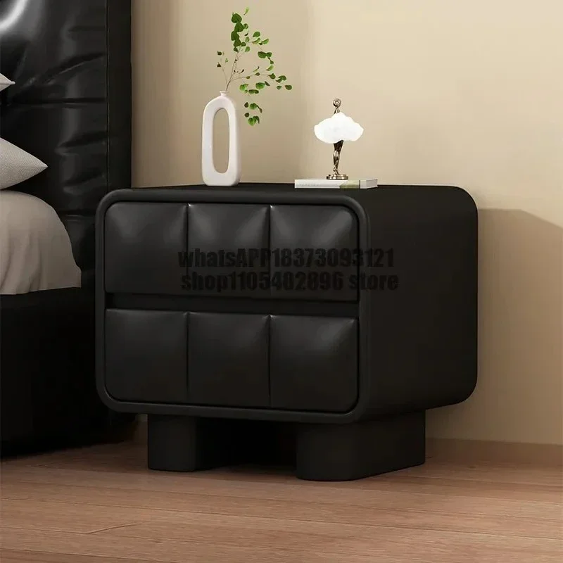 Bedside cabinet with a light luxury and high-end feel bedroom drawer, Italian minimalist black leather personality nightstand