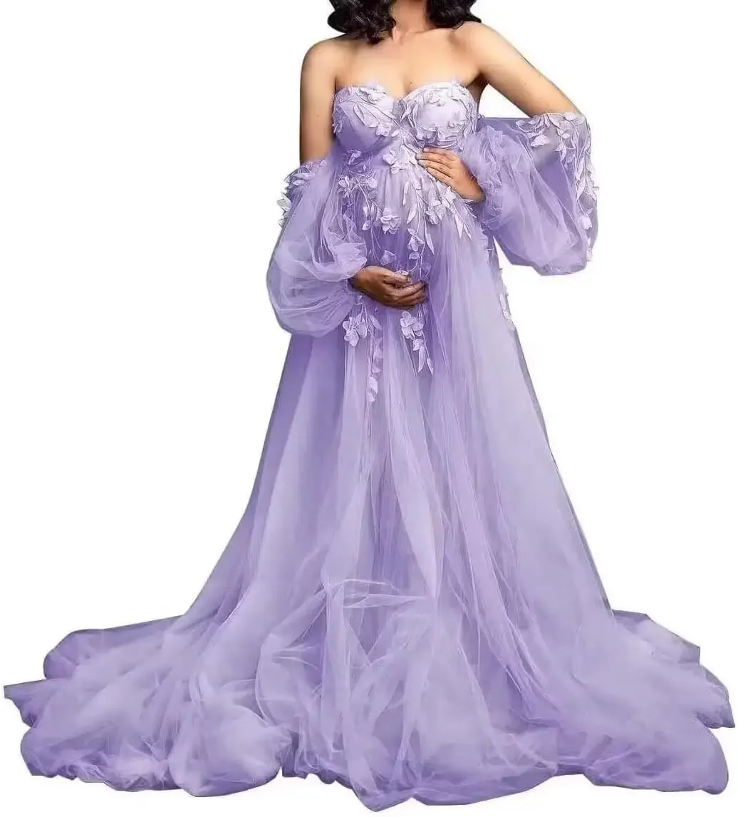 

Элегантное тюлевое платье для беременных с открытыми плечами для детского душа, роскошное платье для беременных с аппликациями