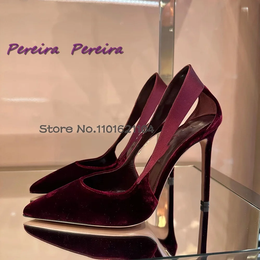 Wine Red Suede Pumps Cut Out Shallow Pointed Toe Slip-On 2024 Thin High Heel Elegant Luxury Design Women Dress Party Shoes