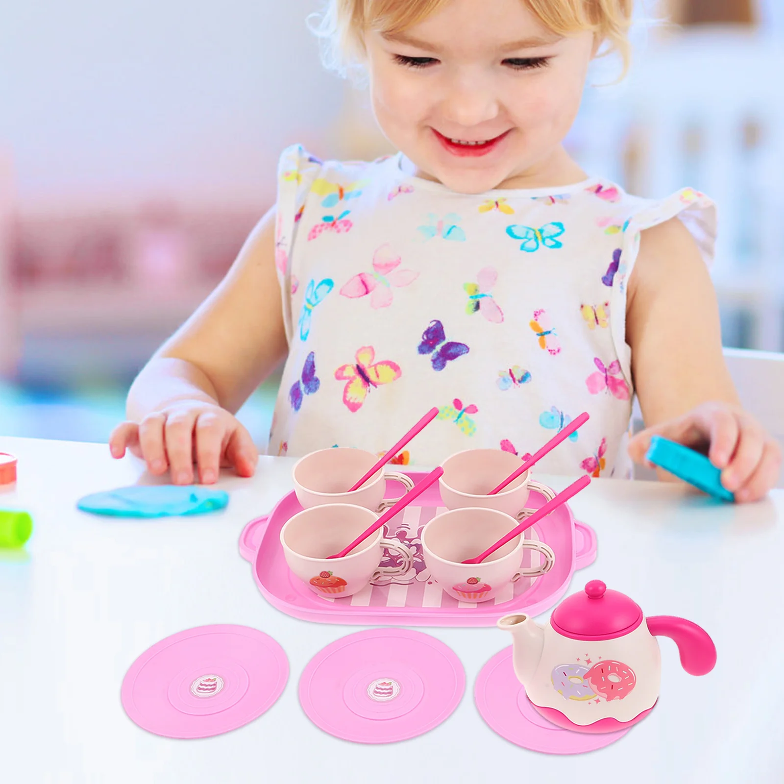 1Set Plastic Fantasiespel Kindertheekransje Set Realistische Theepot Kopjes Schoteltjes Lade Kinderkeuken Accessoires Kleine Meisjes