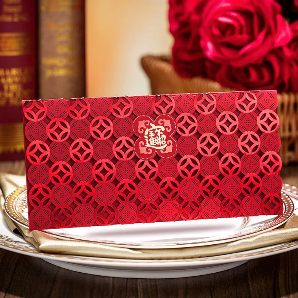 6pcs Laser Engraving Chinese Red Envelopes Hollow Embossed Lucky Money Bag Rectangular Three-dimensional HongBao Business