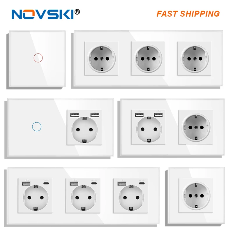 Novski-Interruptor táctil estándar europeo, cristal blanco, panel de cristal, CA 220V, 1 Juego, 1 vía, luz de pared, pantalla táctil de pared