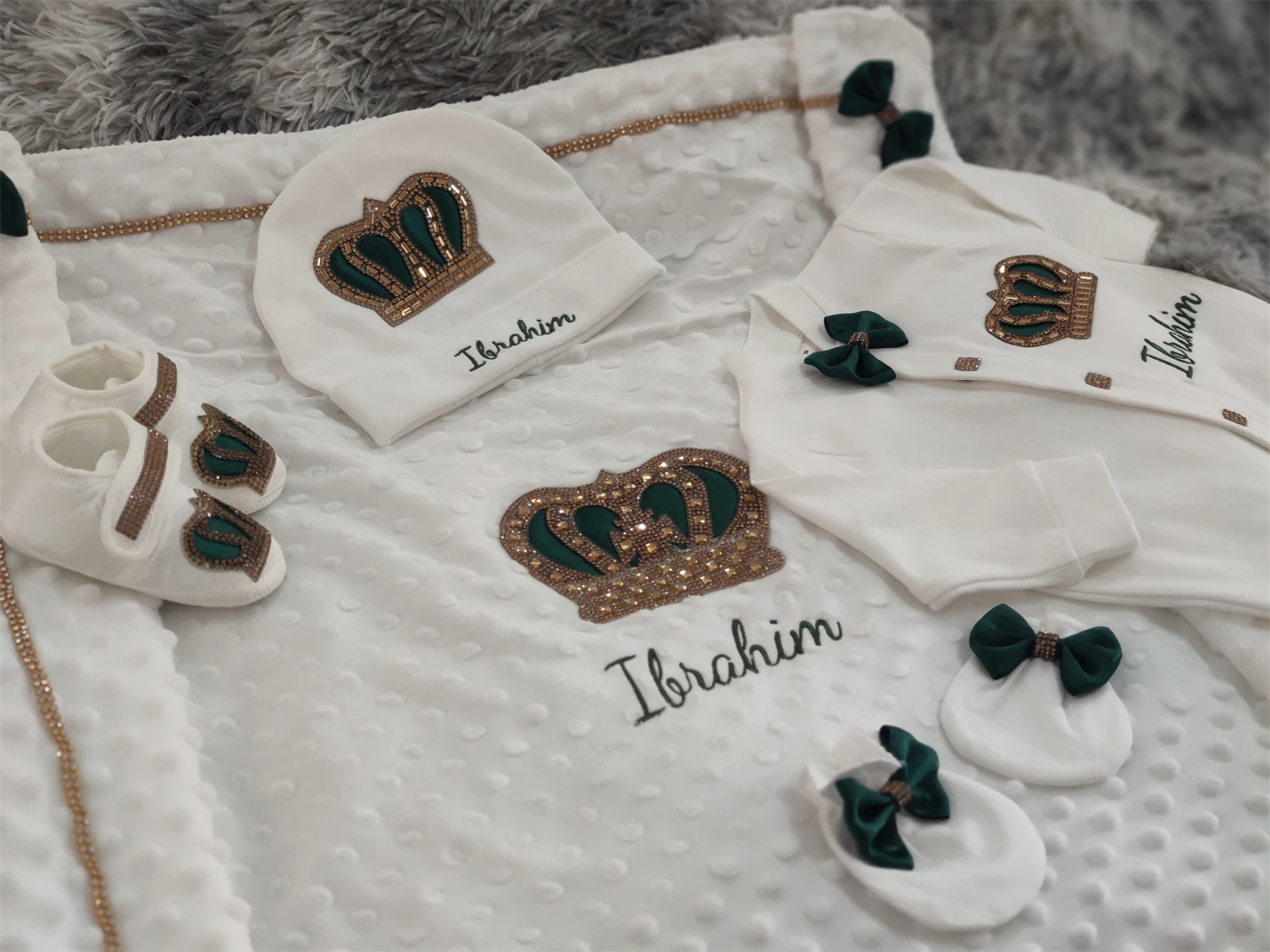 5PCS Newborn Angel Wing Embroidered Footed Romper Custom Name Dark Green Baby Shower Gift Set