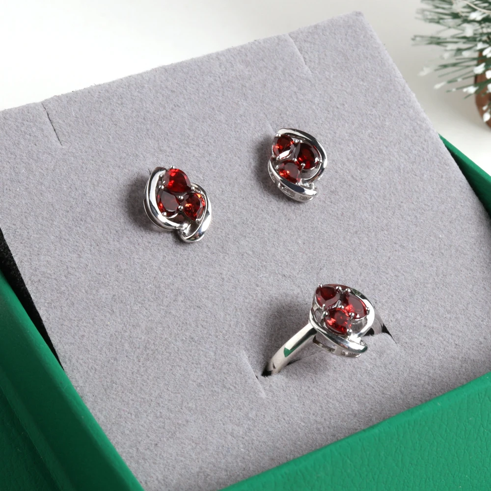 Trendy Flower Style Silver Ring & Earrings Set for Lady Natural Garnet January Birthstone Fashion Jewelry Birthday Party Gift