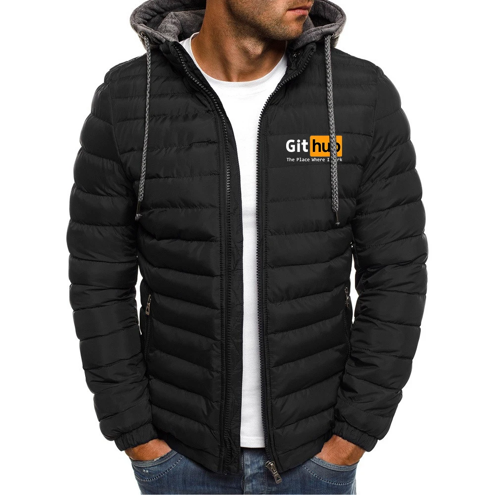 Github The Place Where I Fork Logo Print Warm Coat 2026 Autumn And Winter Men's cold protection cotton-padded jacket Hoodies