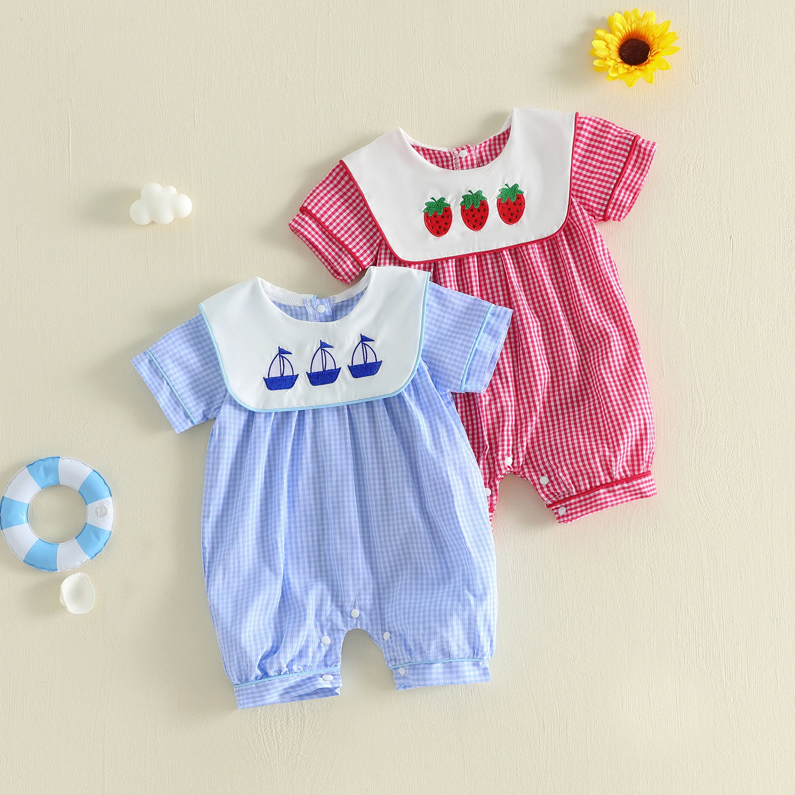 Baby Girl Plaid Romper Strawberry/Sailboat Embroidery Crew Neck Short Sleeve Infant Boy Bodysuits Jumpsuits