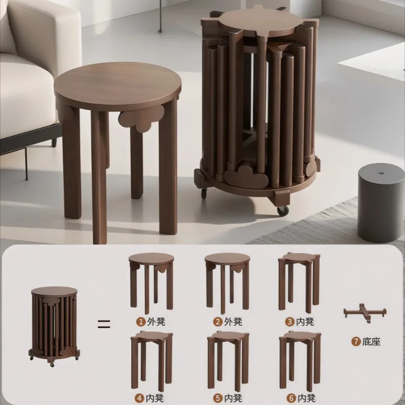 Multi-Functional Nesting Stool Set Mobile Rolling Storage Round Side Table Solid Wood Stackable Removable Stools for Living Room