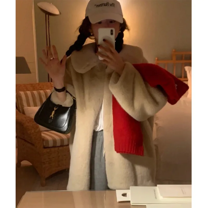Faux Fur Coats Women Mid Length Coat Elegant Overcoat Thick Warm Y2k Streetwear Warm Jackets Outerwear 2025 Autumn Winter