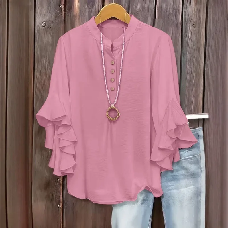 Women Stand Collar Half Button Ruffle Flare Sleeve Solid Elegant Casual Blouse For Spring Summer European American Market