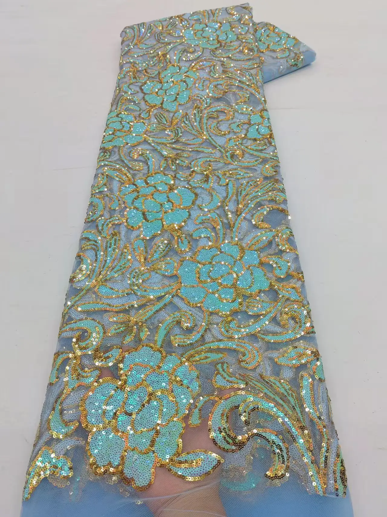 

5Yards Nigerian Groom African Sequins Beaded Lace Fabric High Quality French Tulle Embroidery for Bridal Wedding