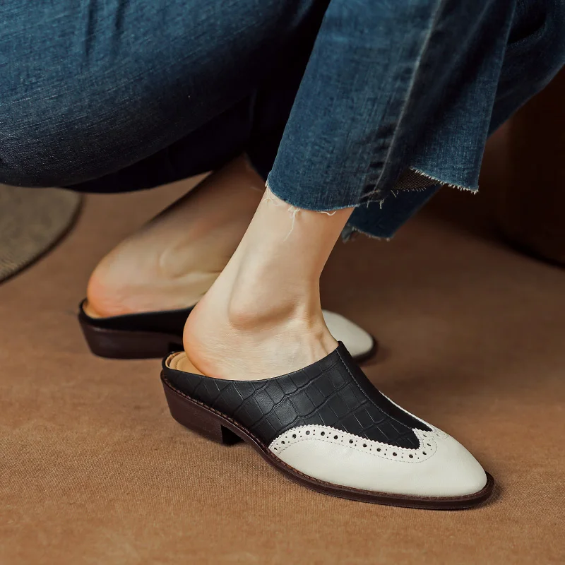 Letnie buty damskie pokryte Toe kobiety kapcie Chunky Heel muły oryginalne skórzane buty dla kobiet Slingback sandały ręcznie robione buty
