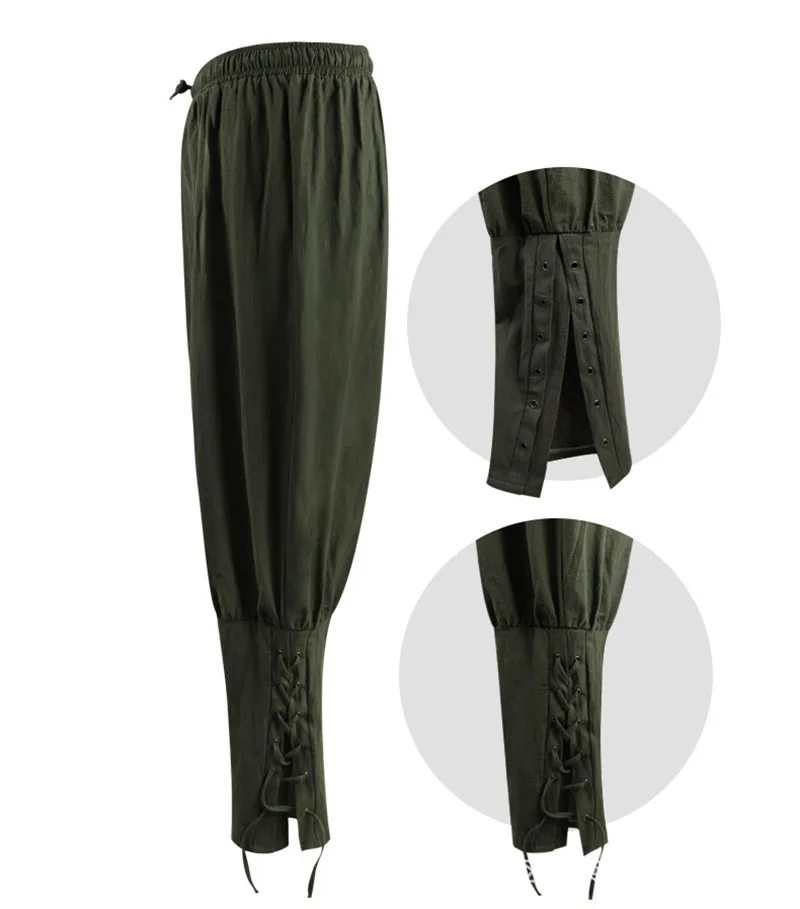 Costume da cavaliere pirata Larp rinascimentale medievale pantaloni vichinghi da uomo pantaloni stringati con fascia alla caviglia completo di lino per uomo taglie forti