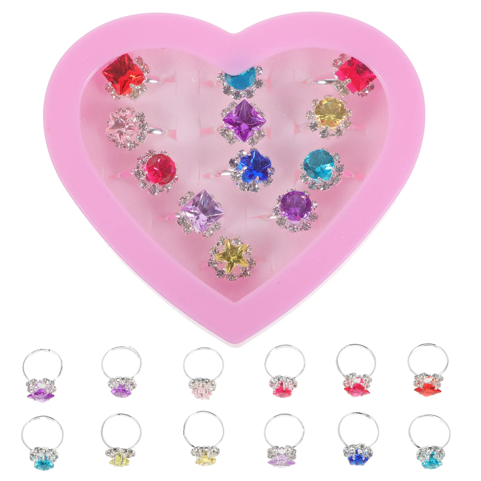 12pcs Child Ring Beautiful Colorful Diamante Ring Set Gift With Heart-Shaped Box for Girl Kid Child Child Diamante Ring