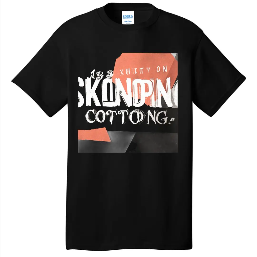 تي شيرت أبيض بأكمام قصيرة ورقبة دائرية مع تصميم جرافيك - خلفية حمراء غير منتظمة، نص مصمم (XUITY ON، SKINDING، COTTONG) #3