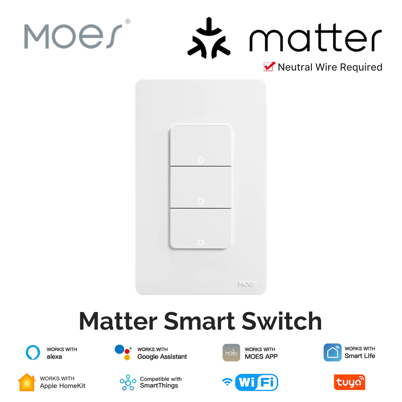 

MOES Tuya Matter WiFi Smart Light Button Switch App Control Neutral Wire Required Grounding Design Alexa Google Home Apple Home