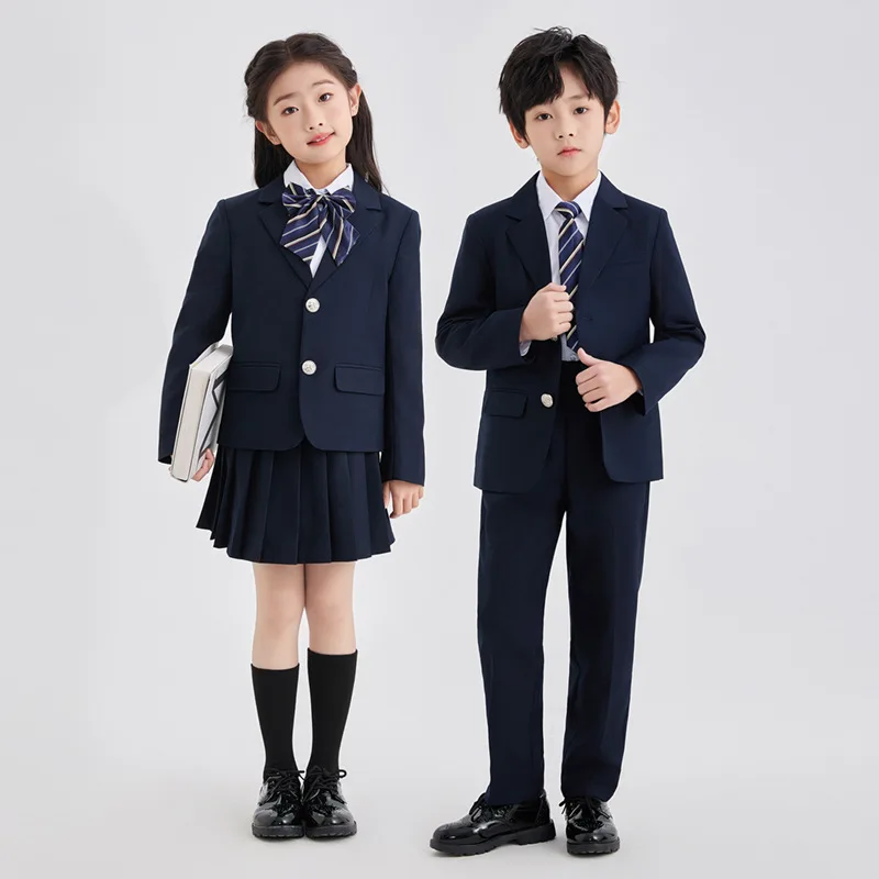 Children School Uniform Girls Jacket Pleated Skirts Suits Boys British Student Blazers Pants Kids Formal Dress Class Clothes Set