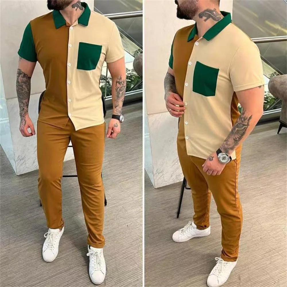 Amazon Color Matching Men's Shirt Short Sleeve Pants Trend Casual Sports Suit