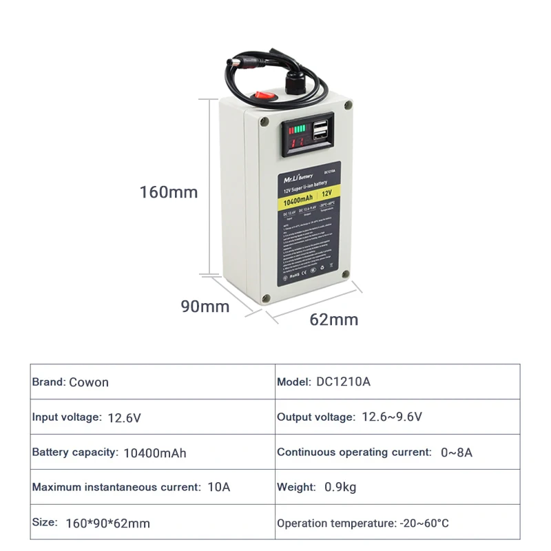 for 12V 10A 20A 30A 40A Li-Ion Portable Rechargeable DC1210400mAh B attery Pack LED Light With USB for Outdoor Power Supply Home